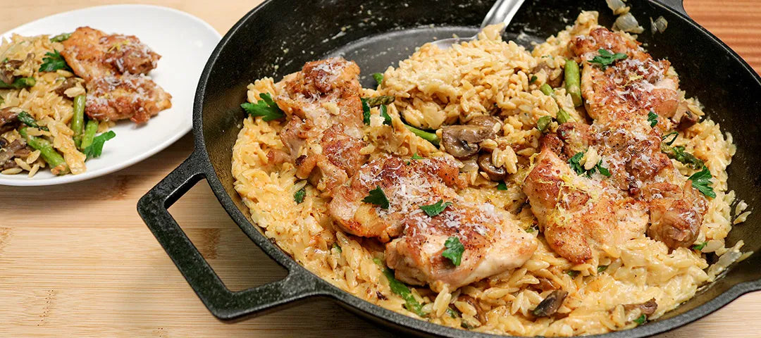 Creamy Chicken Orzo With Mushrooms & Asparagus